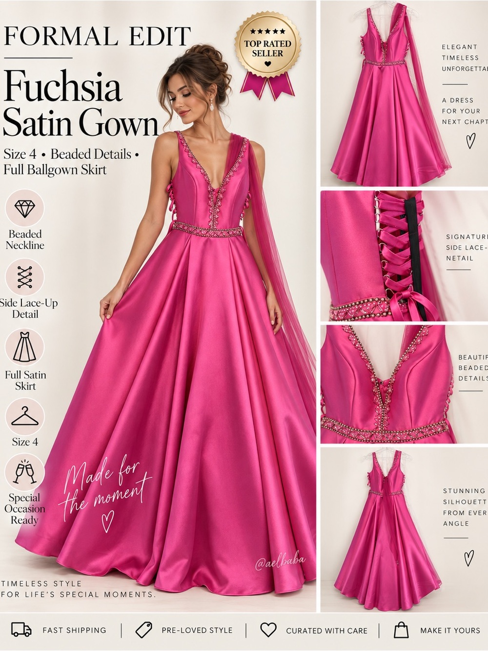 Milano Formals Hot Pink Satin A-Line Prom Dress Beaded Waist Lace-Up gown sz 4